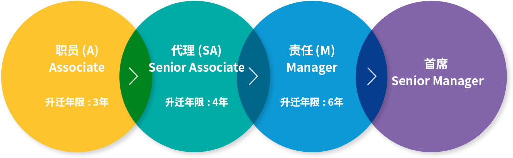 사원(a)associate,승진연한 : 3년, 대리(sa),senior associate,승진연한 4년, 책임(m),manager,승진연한: 6년, 수석(s2),senior manager,승진연한: 4년, 수석(s1),senior manager