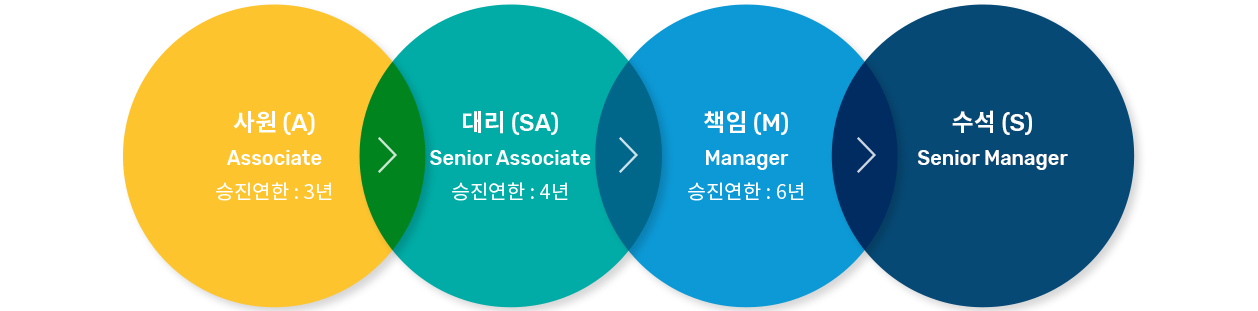 사원(a)associate,승진연한 : 3년, 대리(sa),senior associate,승진연한 4년, 책임(m),manager,승진연한: 6년, 수석(s2),senior manager,승진연한: 4년, 수석(s1),senior manager